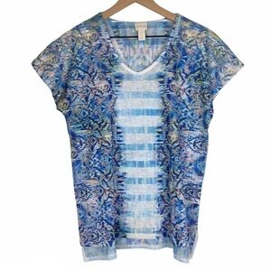 CHICO’S Top Short Cap Sleeve Lace Tie Dye Ikat Kaleidoscope Stripe Size 1 Medium